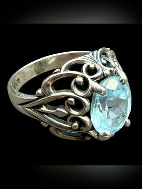 Sz 8 Vintage Kabana KBN Signed Sterling Silver Blue Topaz Domed Filigree Ring